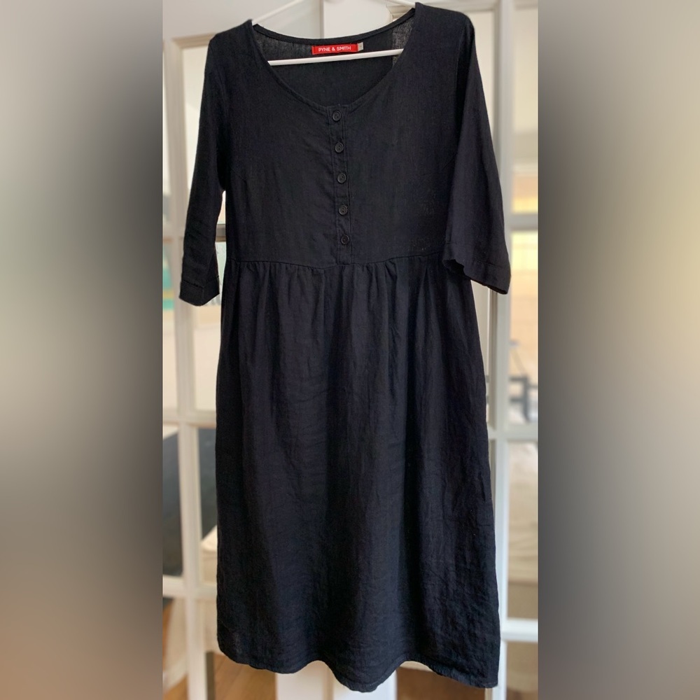 Pyne & Smith No.12 Button Up, Linen Midi Dress in Black, size Small